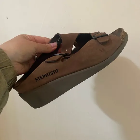 MEPHISTO BROWN DOUBLE STRAP NUBUCK LEATHER CORK TERIE WEDGE SLIP ON SANDALS