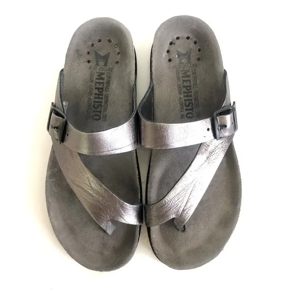 Mephisto Helen Gray Metallic Water-Repellent Leather Slip-On Thong Sandals 5/35