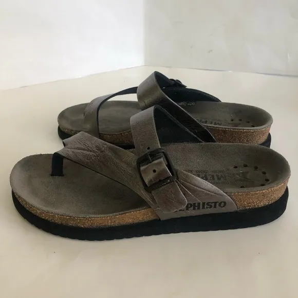 Mephisto Helen Gray Metallic Water-Repellent Leather Slip-On Thong Sandals 5/35