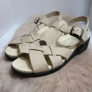 Mephisto Cream Trampoline Leather Wedge Cross Strap Peep Sandals Size 9.5