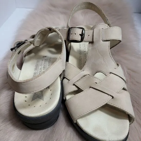 Mephisto Cream Trampoline Leather Wedge Cross Strap Peep Sandals Size 9.5