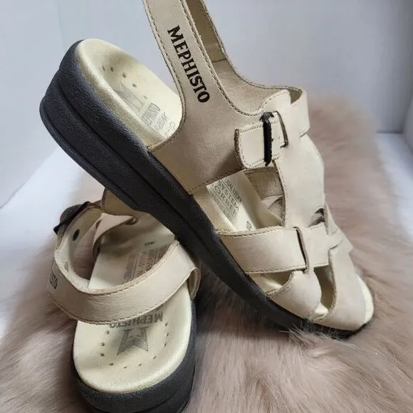 Mephisto Cream Trampoline Leather Wedge Cross Strap Peep Sandals Size 9.5