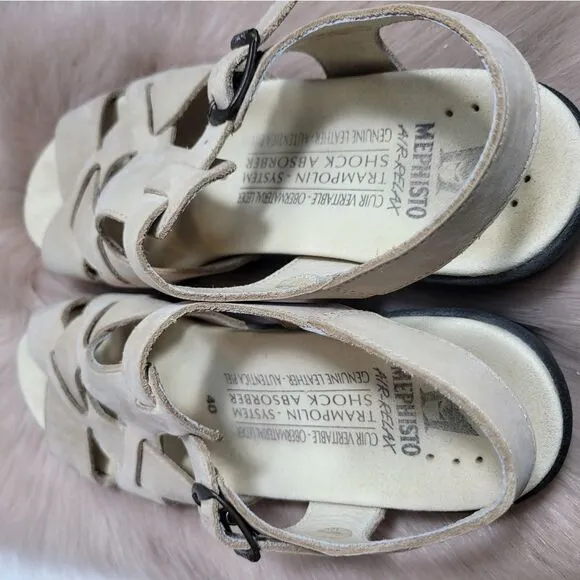Mephisto Cream Trampoline Leather Wedge Cross Strap Peep Sandals Size 9.5