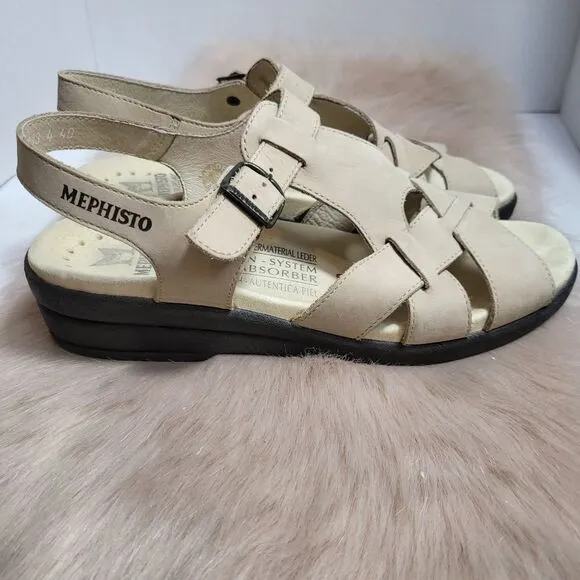 Mephisto Cream Trampoline Leather Wedge Cross Strap Peep Sandals Size 9.5