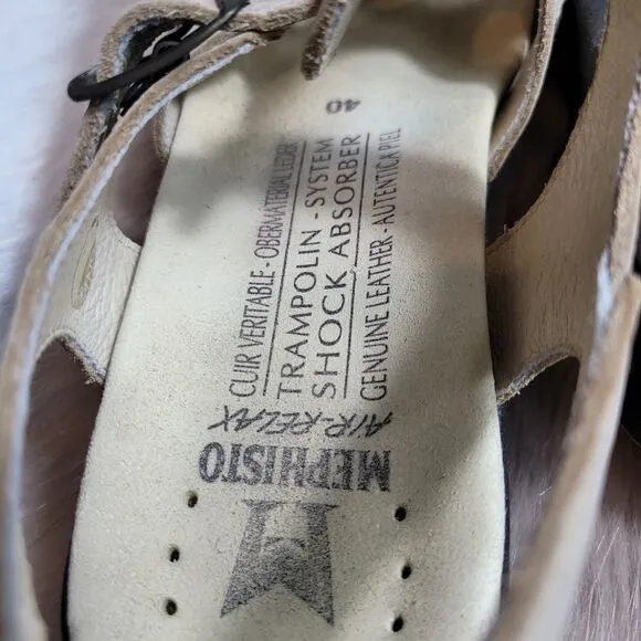 Mephisto Cream Trampoline Leather Wedge Cross Strap Peep Sandals Size 9.5