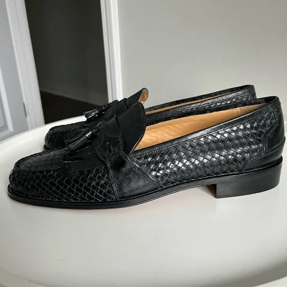 Mercanti Fiorentini Black Woven Leather Men’s Loafers With Tassels Italy 11M