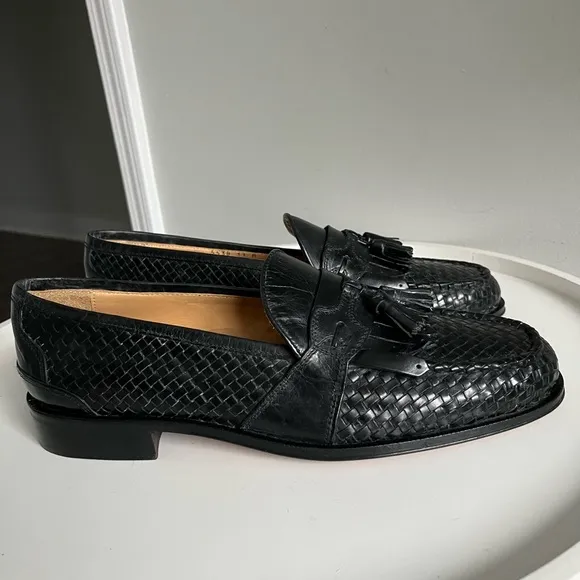 Mercanti Fiorentini Black Woven Leather Men’s Loafers With Tassels Italy 11M