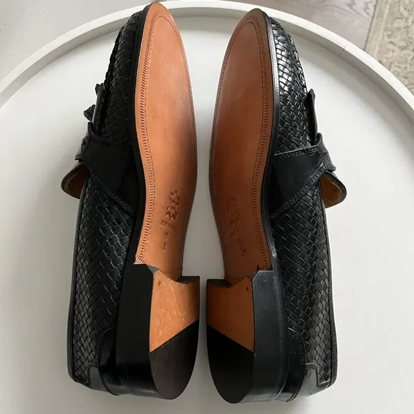 Mercanti Fiorentini Black Woven Leather Men’s Loafers With Tassels Italy 11M