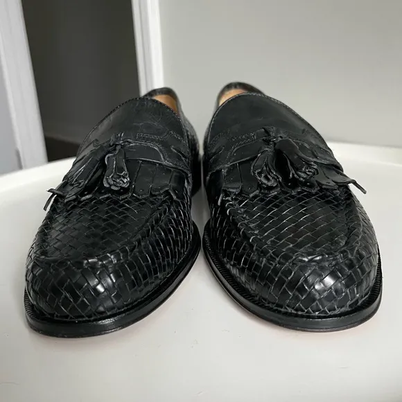 Mercanti Fiorentini Black Woven Leather Men’s Loafers With Tassels Italy 11M