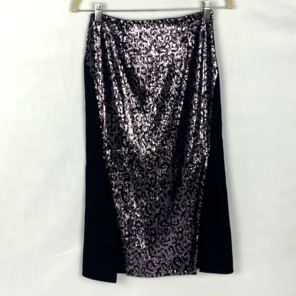 Metallic Leopard Sequin Asymmetrical Slit Pencil Skirt XS - Revolve N12H