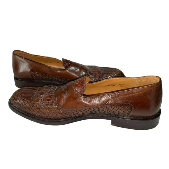 MEZLAN Size 10.5 M Men's Genuine Crocodile Cognac Brown Penny Loafers Slip On