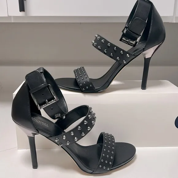 Michael Kors Amal Gunmetal Studded High Heel Sandals - 9.5 - NIB