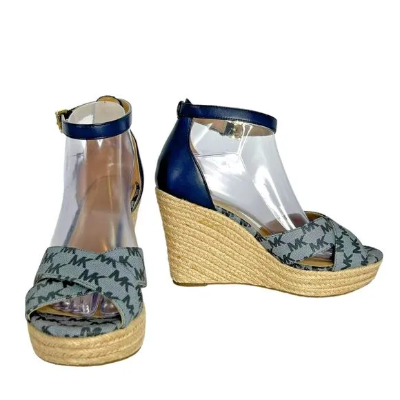 MICHAEL KORS &quot;Eleanora&quot; Wedge Espadrilles Sandal Navy Blue Size 9