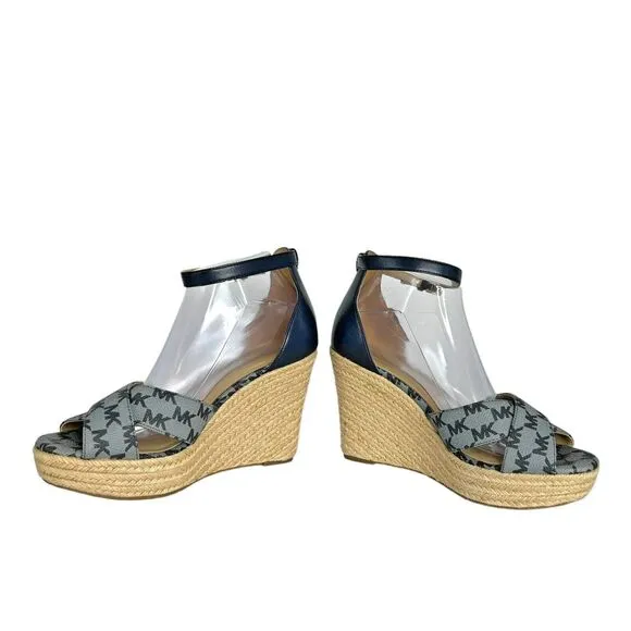 MICHAEL KORS &quot;Eleanora&quot; Wedge Espadrilles Sandal Navy Blue Size 9