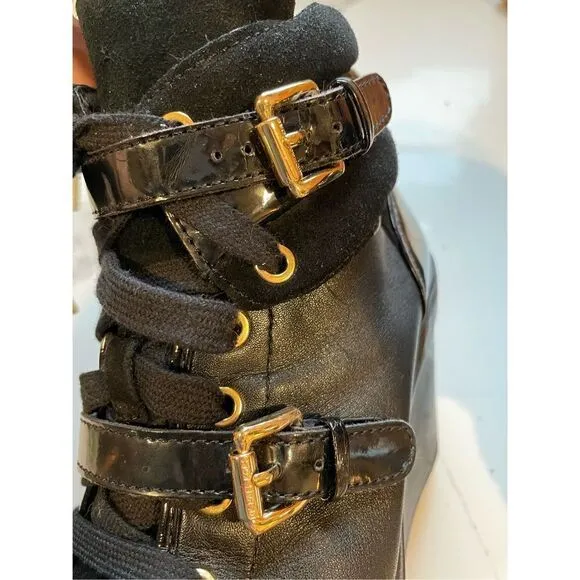 MICHAEL KORS Black Patent LIZZIE Hi High Top Wedge Platform Sneakers Booties 7.5