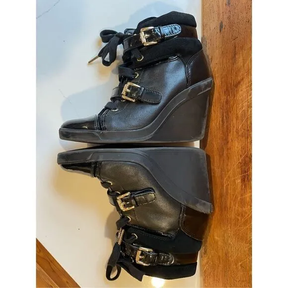 MICHAEL KORS Black Patent LIZZIE Hi High Top Wedge Platform Sneakers Booties 7.5