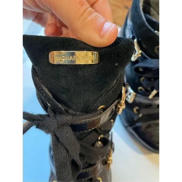 MICHAEL KORS Black Patent LIZZIE Hi High Top Wedge Platform Sneakers Booties 7.5