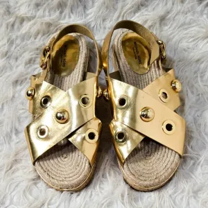Michael Kors Collection Gold Leather Sandals Flats Round Stud Ankle Strap Cork