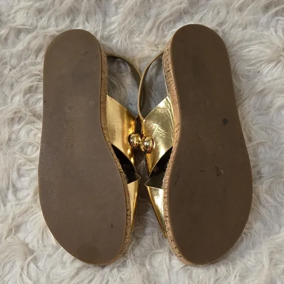 Michael Kors Collection Gold Leather Sandals Flats Round Stud Ankle Strap Cork