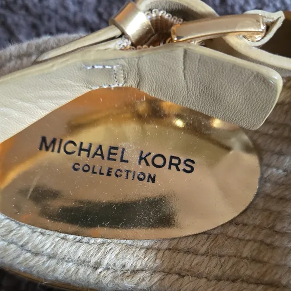 Michael Kors Collection Gold Leather Sandals Flats Round Stud Ankle Strap Cork
