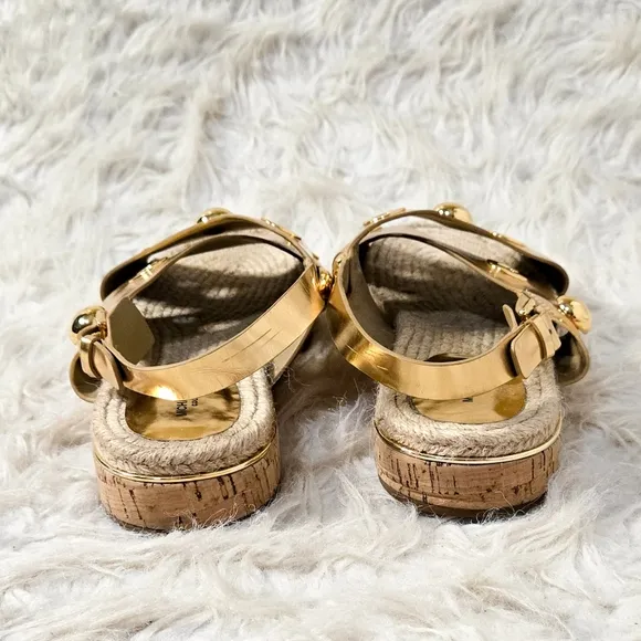 Michael Kors Collection Gold Leather Sandals Flats Round Stud Ankle Strap Cork