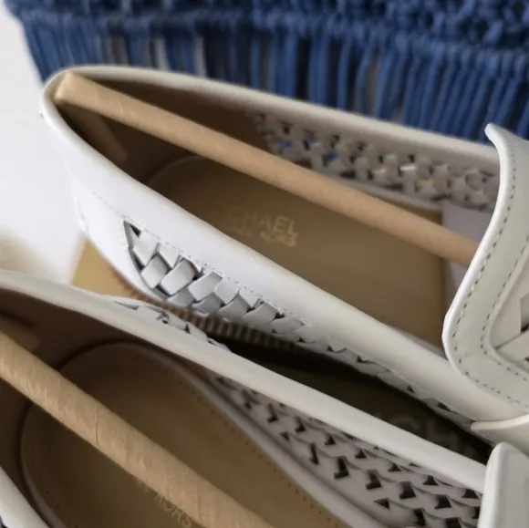 MICHAEL KORS Eden Leather Woven Loafers White Brown Womens NIB
