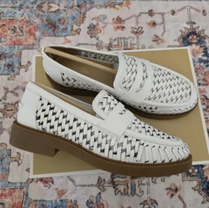 MICHAEL KORS Eden Leather Woven Loafers White Brown Womens NIB