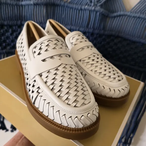 MICHAEL KORS Eden Leather Woven Loafers White Brown Womens NIB