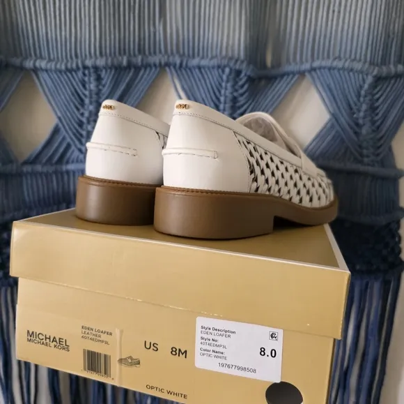 MICHAEL KORS Eden Leather Woven Loafers White Brown Womens NIB