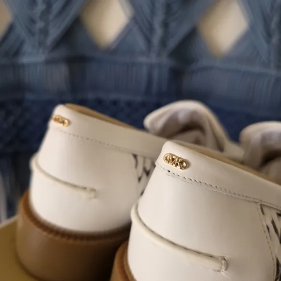 MICHAEL KORS Eden Leather Woven Loafers White Brown Womens NIB