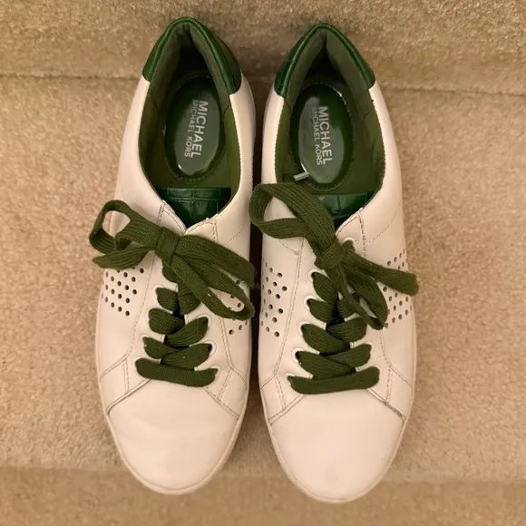 Michael Kors Poppy Lace-Up Leather Sneakers White Green Women’s Size 8