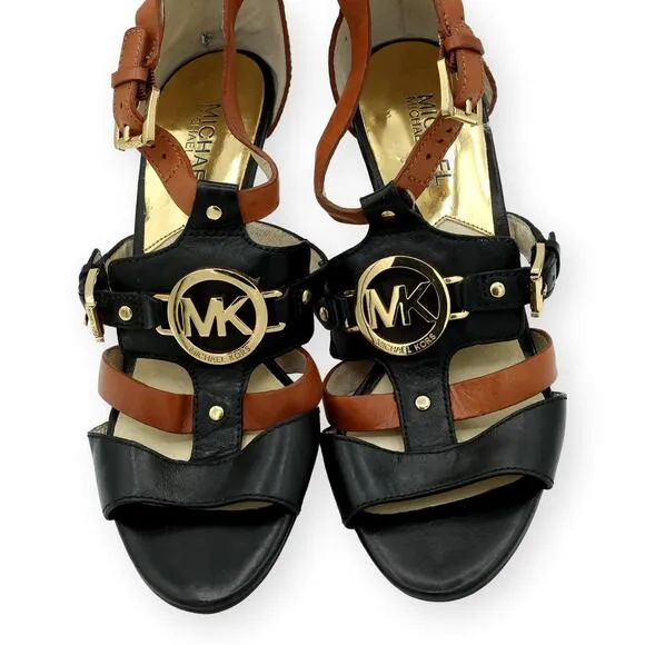 Michael KORS RUSTIN ANKLE STRAP MK LOGO BLACK BROWN SANDAL HEEL 8M