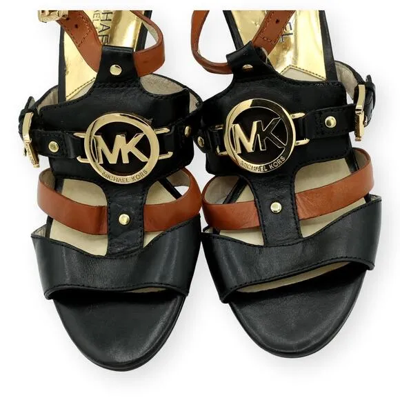 Michael KORS RUSTIN ANKLE STRAP MK LOGO BLACK BROWN SANDAL HEEL 8M
