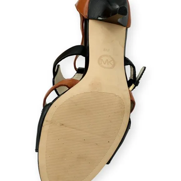 Michael KORS RUSTIN ANKLE STRAP MK LOGO BLACK BROWN SANDAL HEEL 8M