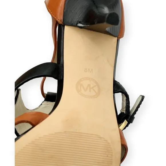 Michael KORS RUSTIN ANKLE STRAP MK LOGO BLACK BROWN SANDAL HEEL 8M