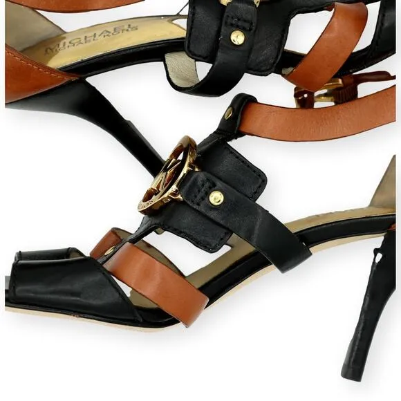 Michael KORS RUSTIN ANKLE STRAP MK LOGO BLACK BROWN SANDAL HEEL 8M