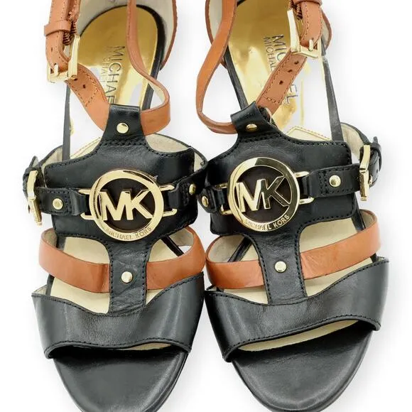 Michael KORS RUSTIN ANKLE STRAP MK LOGO BLACK BROWN SANDAL HEEL 8M