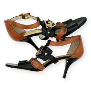 Michael KORS RUSTIN ANKLE STRAP MK LOGO BLACK BROWN SANDAL HEEL 8M