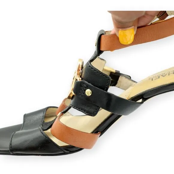 Michael KORS RUSTIN ANKLE STRAP MK LOGO BLACK BROWN SANDAL HEEL 8M