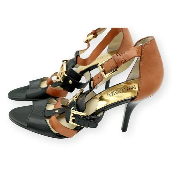 Michael KORS RUSTIN ANKLE STRAP MK LOGO BLACK BROWN SANDAL HEEL 8M