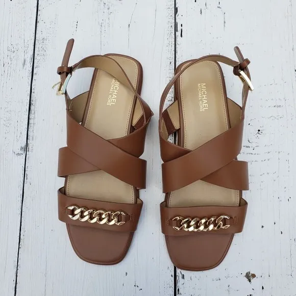 Michael Kors Shawna Womens Size 7 Brown Strap Buckle Chain Sandals NEW