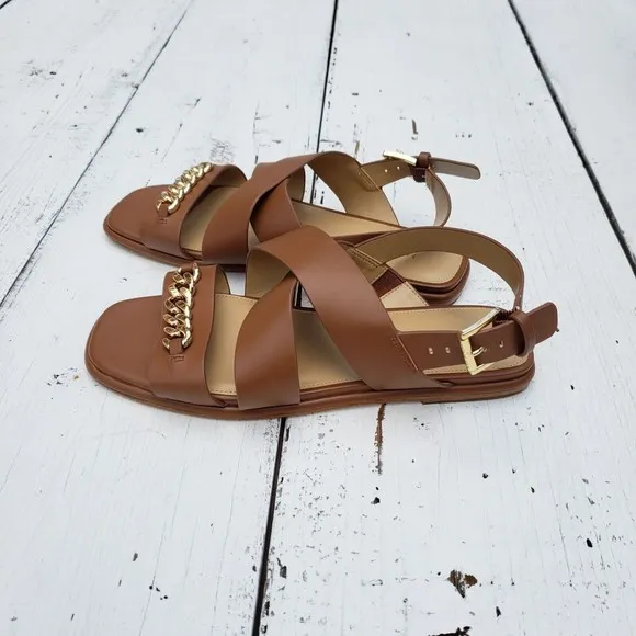 Michael Kors Shawna Womens Size 7 Brown Strap Buckle Chain Sandals NEW