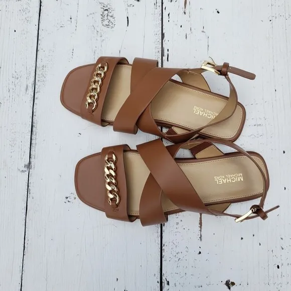 Michael Kors Shawna Womens Size 7 Brown Strap Buckle Chain Sandals NEW