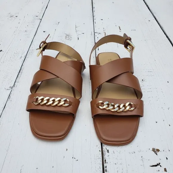 Michael Kors Shawna Womens Size 7 Brown Strap Buckle Chain Sandals NEW