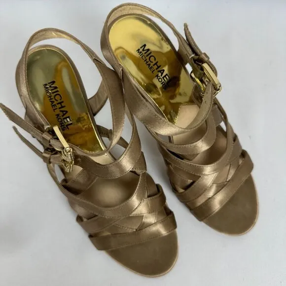 Michael Kors Shimmer Satin Gold Stellato Strap Heel Sandals Rhinestone Buckles 7