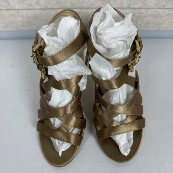 Michael Kors Shimmer Satin Gold Stellato Strap Heel Sandals Rhinestone Buckles 7