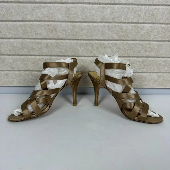 Michael Kors Shimmer Satin Gold Stellato Strap Heel Sandals Rhinestone Buckles 7