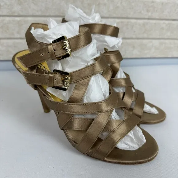 Michael Kors Shimmer Satin Gold Stellato Strap Heel Sandals Rhinestone Buckles 7