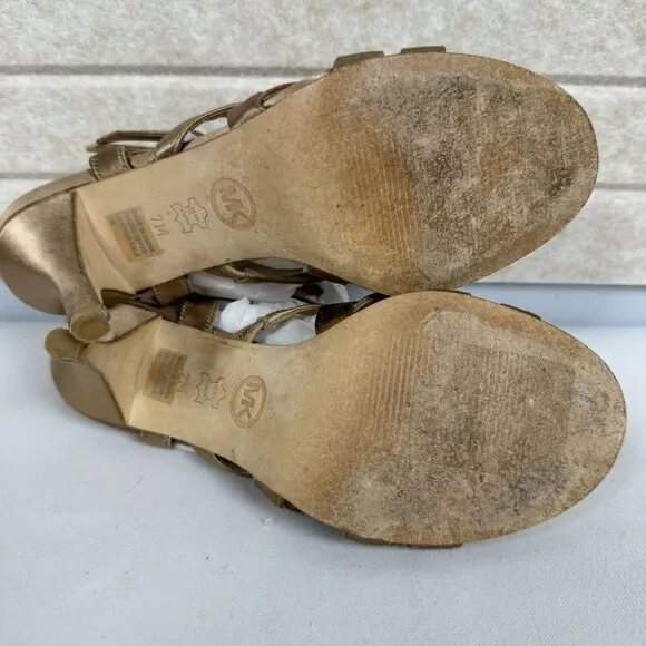 Michael Kors Shimmer Satin Gold Stellato Strap Heel Sandals Rhinestone Buckles 7