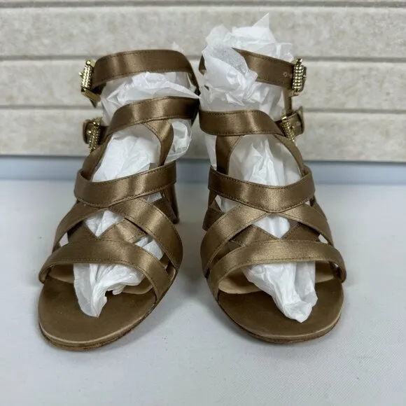 Michael Kors Shimmer Satin Gold Stellato Strap Heel Sandals Rhinestone Buckles 7